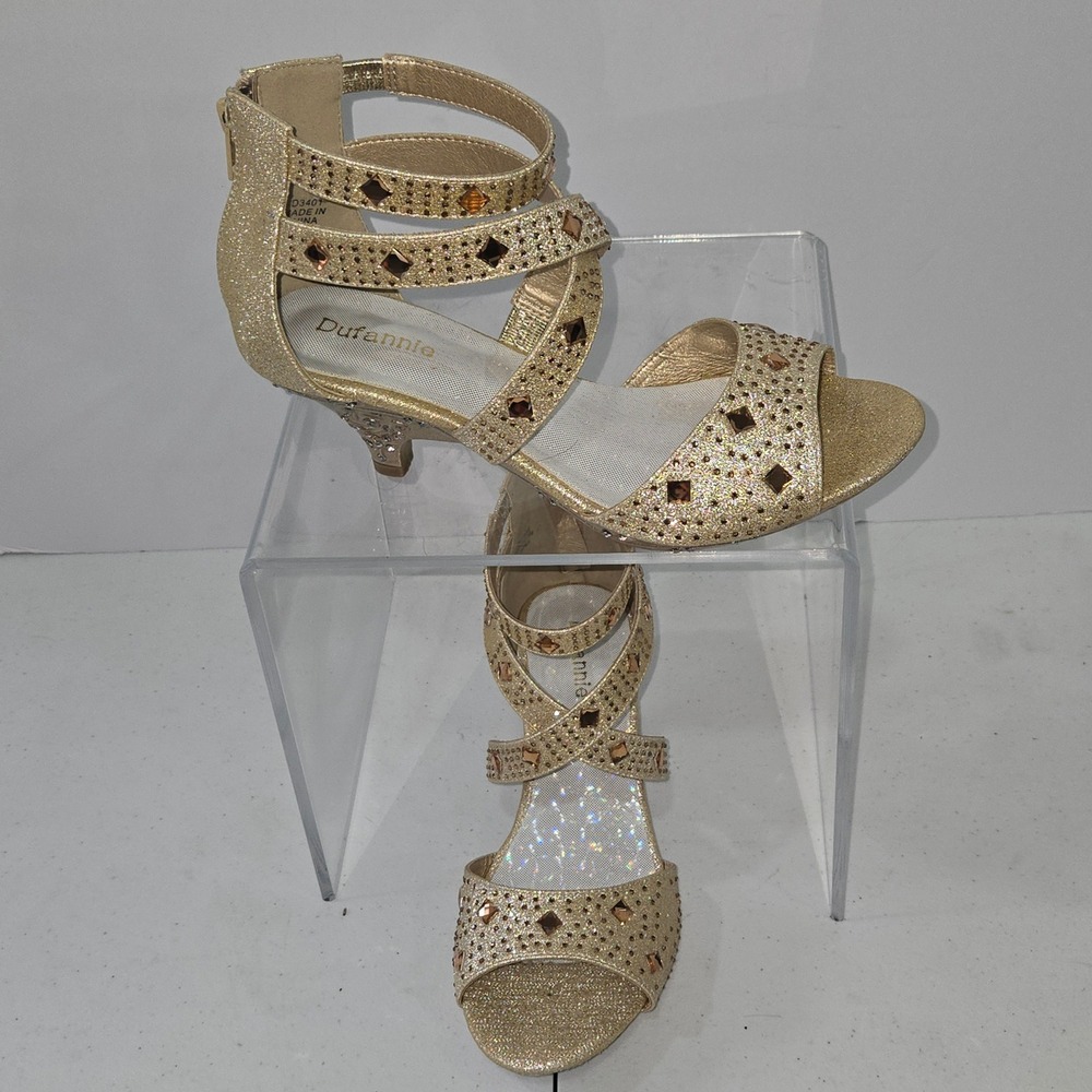 Dufannie Girls Gold Glitter Rhinestone Kitten Heel Strappy Dress Sandals Size 4
